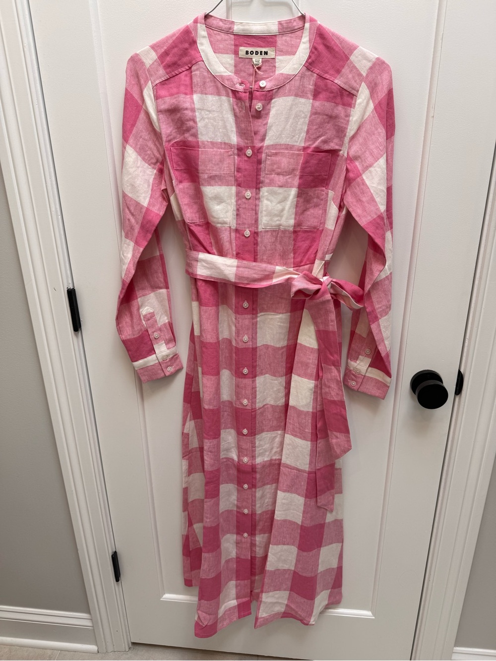 Boden Pink and White Gingham Button-Front Dress with Tie